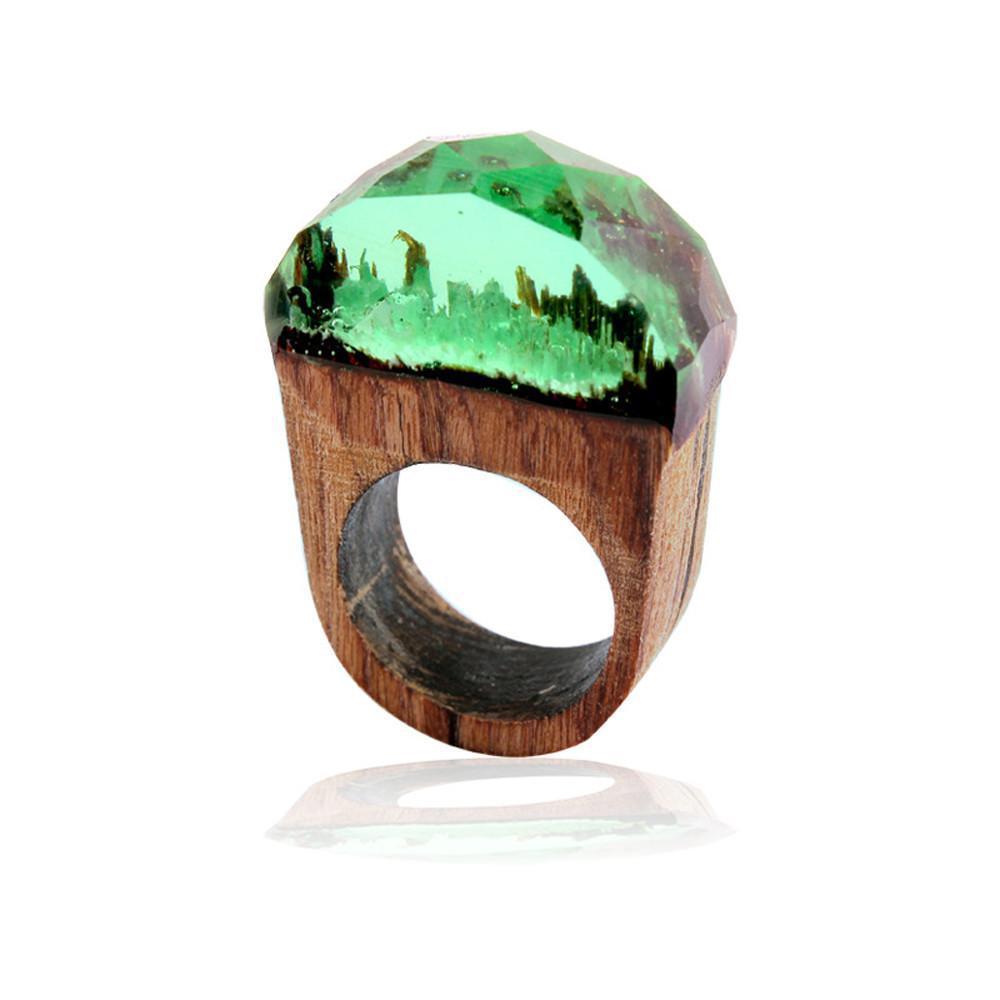 Handmade Wood Resin Ring with Magnificent Tiny Fantasy Secret Landscape